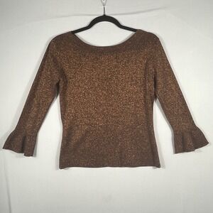 Vtg 90s Y2K Joseph A Knit Sweater Top Med Silk Metallic Brown 3/4 Sleeve Whimsy